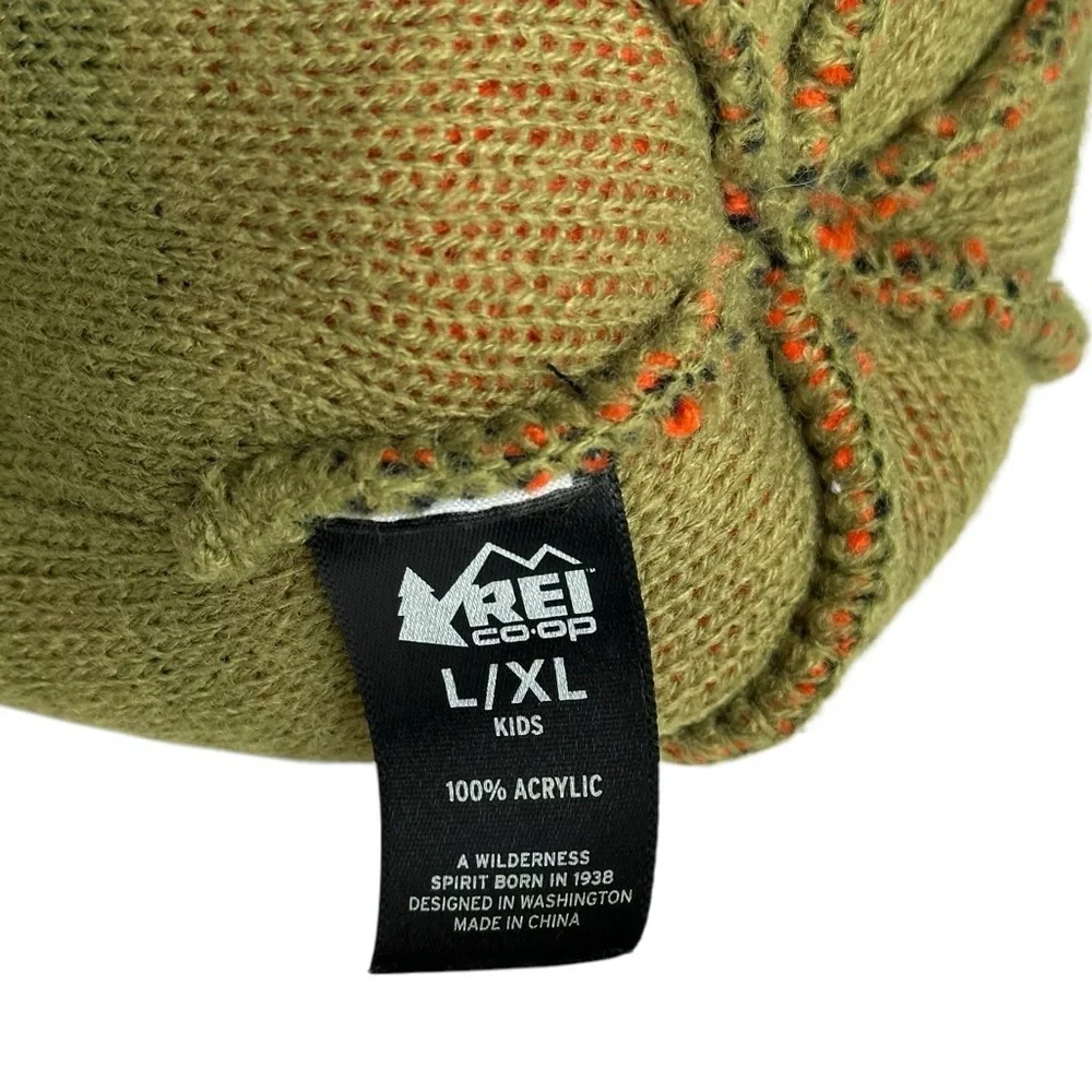 REI Co Op Kids L XL Fair Isle Poof Beanie Hat Orange Green Winter